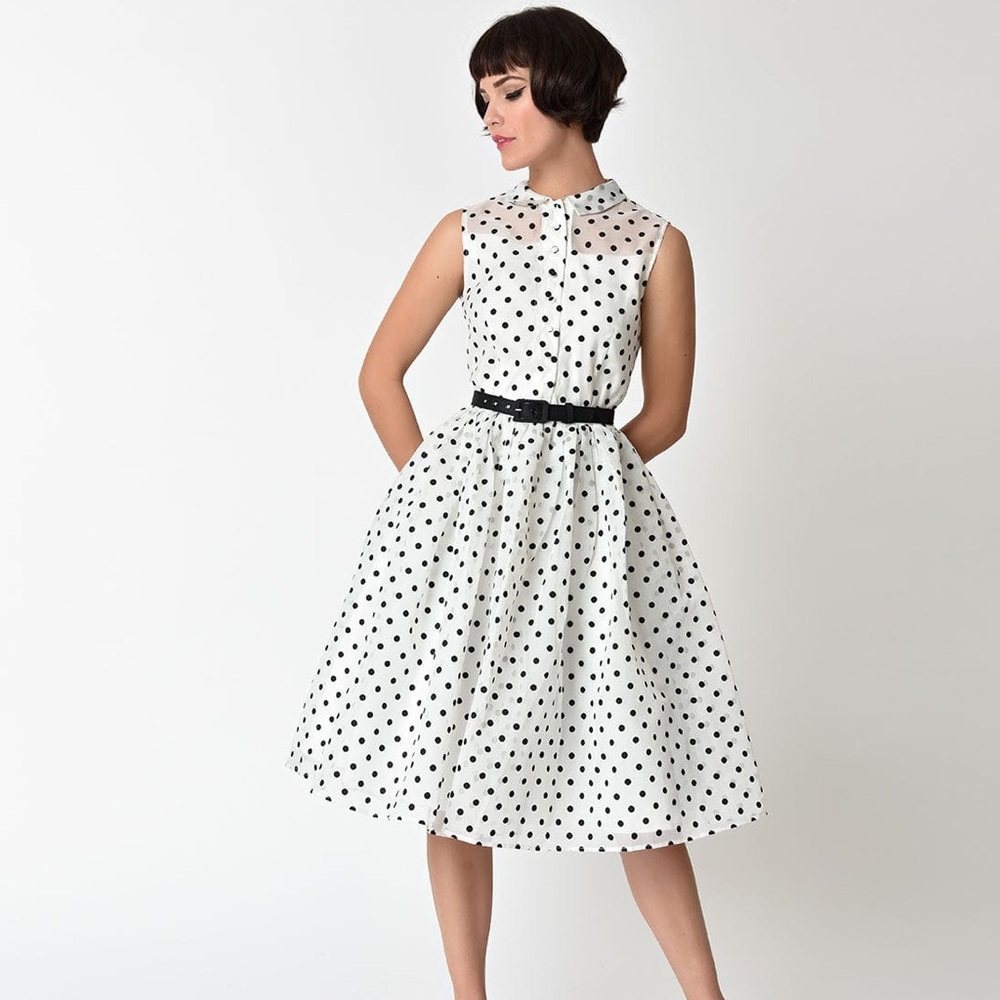 Unique vintage white polka dot dress large L